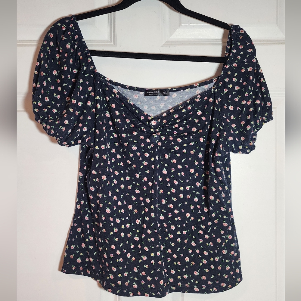 Shein Curve Stretchy Navy Floral Puff Sleeve Blouse 1XL